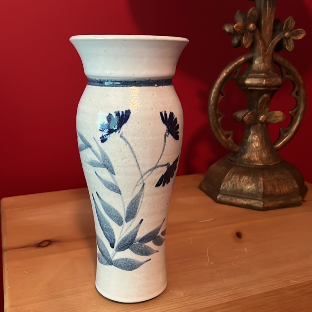 Stoneware Vase w/ Blue Flowers- Signed